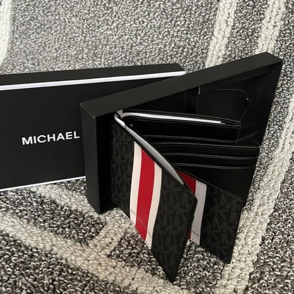 Michael Kors Boxed Signature 3 in 1 Bifold Wallet In Black / Flame Red - Picture 3 of 13